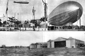 Arriba: el dirigible Graf Zeppelin sobrevolando la Exposición Internacional de Sevilla y repostando en el aeródromo de La Tablada (1930). Abajo: instalaciones de Talleres Loring en Carabanchel Alto 
